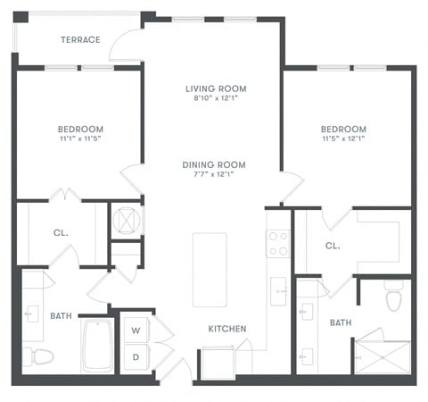 Floor plan for 2 beds, 2 baths, 1055 sqft